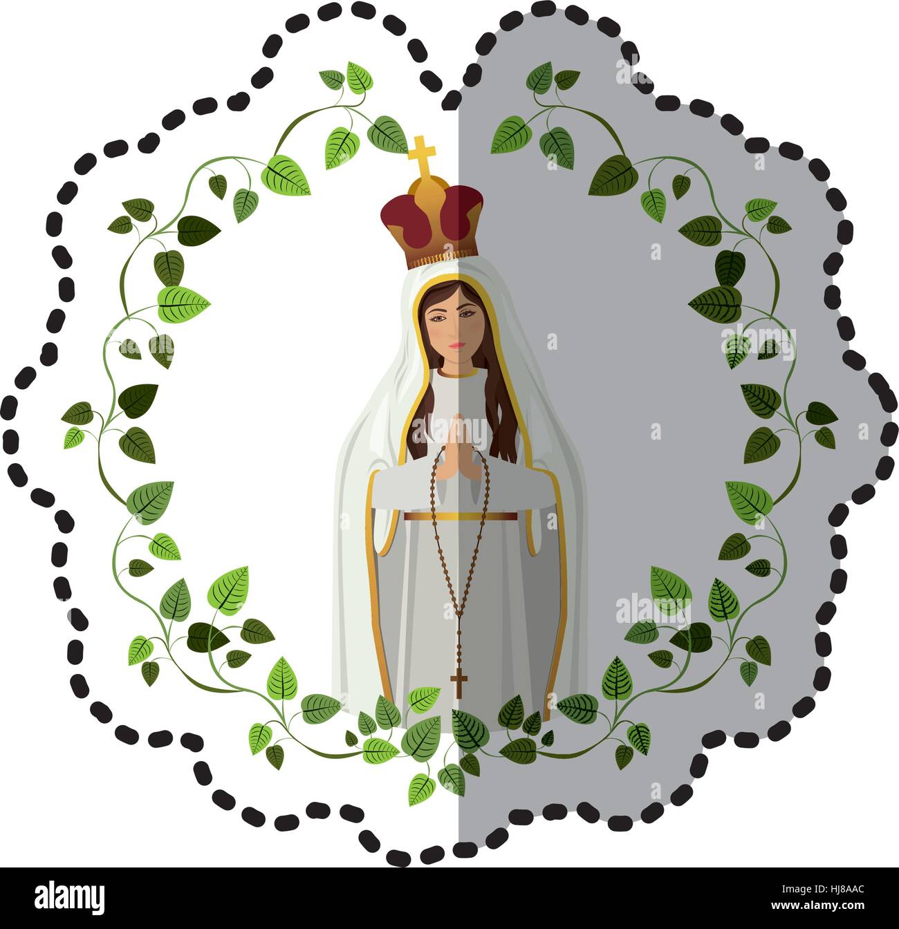 Sticker arc de feuilles avec saint virgin couronné Illustration de Vecteur
