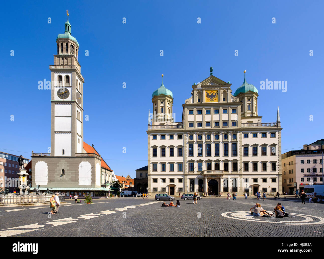 Perlachturm et l'Hôtel de Ville sur la place principale, Augsburg, souabe, Bavière, Allemagne Banque D'Images