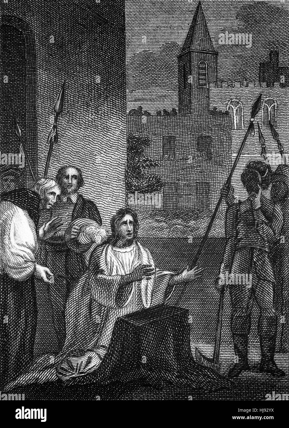 L'exécution du Roi Charles I (1600 - 1649) a été prévue pour le mardi 30 janvier 1649. À environ 2:00 p.m. Charles mettre sa tête sur le bloc après avoir dit une prière et a signalé le bourreau alors qu'il était prêt en tendant ses mains. Il a été décapité avec une course propre, à l'issue de laquelle une partie de la foule assemblée feux leurs mouchoirs dans le sang du roi comme un souvenir. Banque D'Images