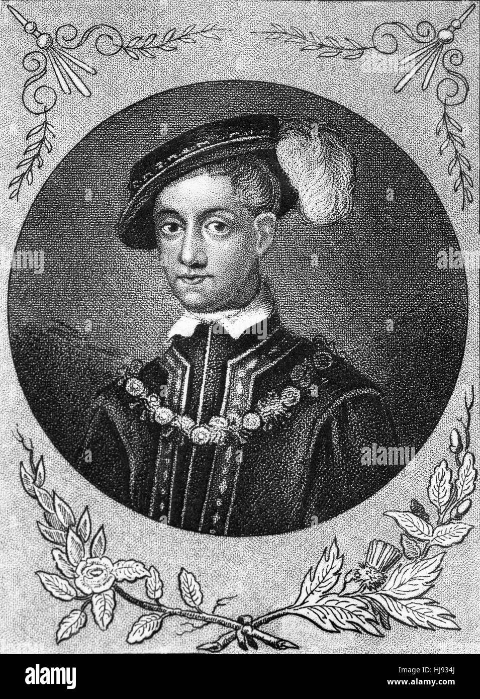 Édouard VI (1537 - 1553) fut roi de l'Angleterre et l'Irlande à partir de 28 janvier 1547 jusqu'à sa mort. Le fils de Henri VIII et de Jane Seymour, il fut couronné le 20 février à l'âge de neuf ans et a été le premier monarque de l'Angleterre à être élevé comme un protestant. Banque D'Images