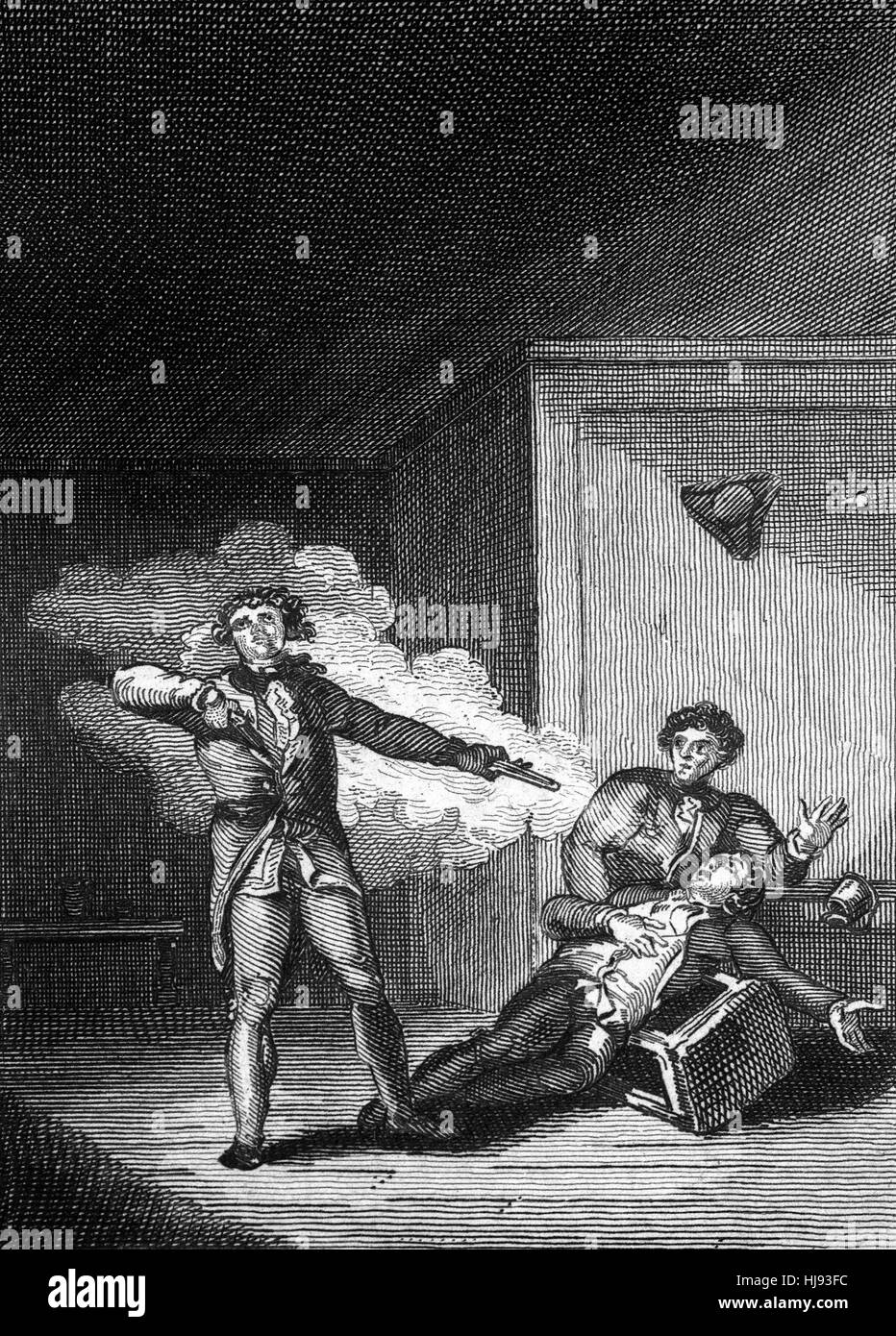 Francis David Stim (1735-1760), l'acquisition de deux pistolets chargés. Deux jours plus tard, vers 10 h il est entré dans l'assiette en étain, un pub dans Cross Street, à Londres où il demande qu'un collègue, Richard Matthews l'avait accusé de vol et d'adultère. Stim stimulé à travers la pièce jusqu'à Stim soudainement tourné Matthews dans la poitrine avec un pistolet. Condamné à mort par la suite, il s'est suicidé en prison. Banque D'Images