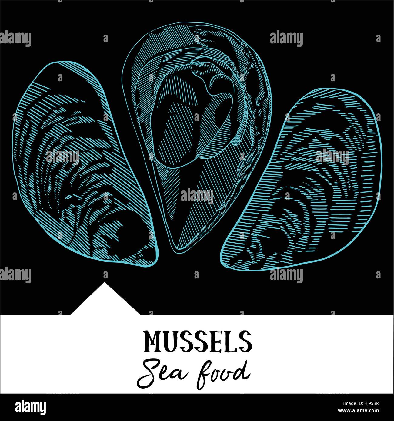 Hand drawn, vector illustration, conception d'un menu de restaurant de fruits de mer. La photo montre les moules sur un fond noir. Illustration de Vecteur