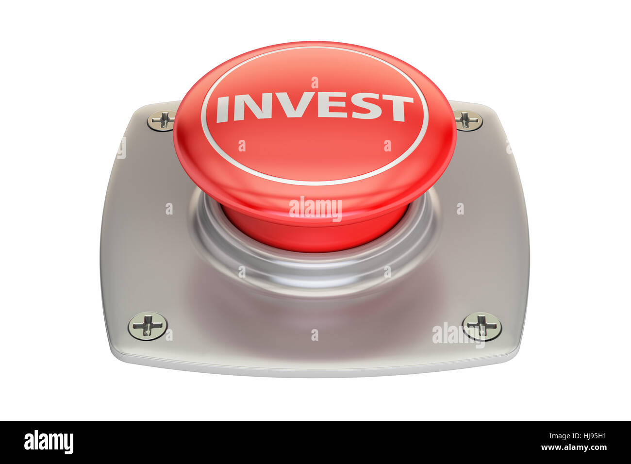 Investir bouton rouge, rendu 3D isolé sur fond blanc Banque D'Images