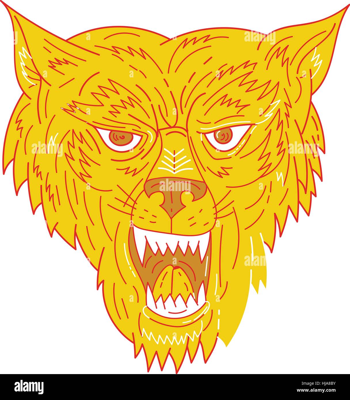 Style ligne mono illustration d'une tête de loup en colère vu de l'avant ensemble isolées sur fond blanc. Illustration de Vecteur