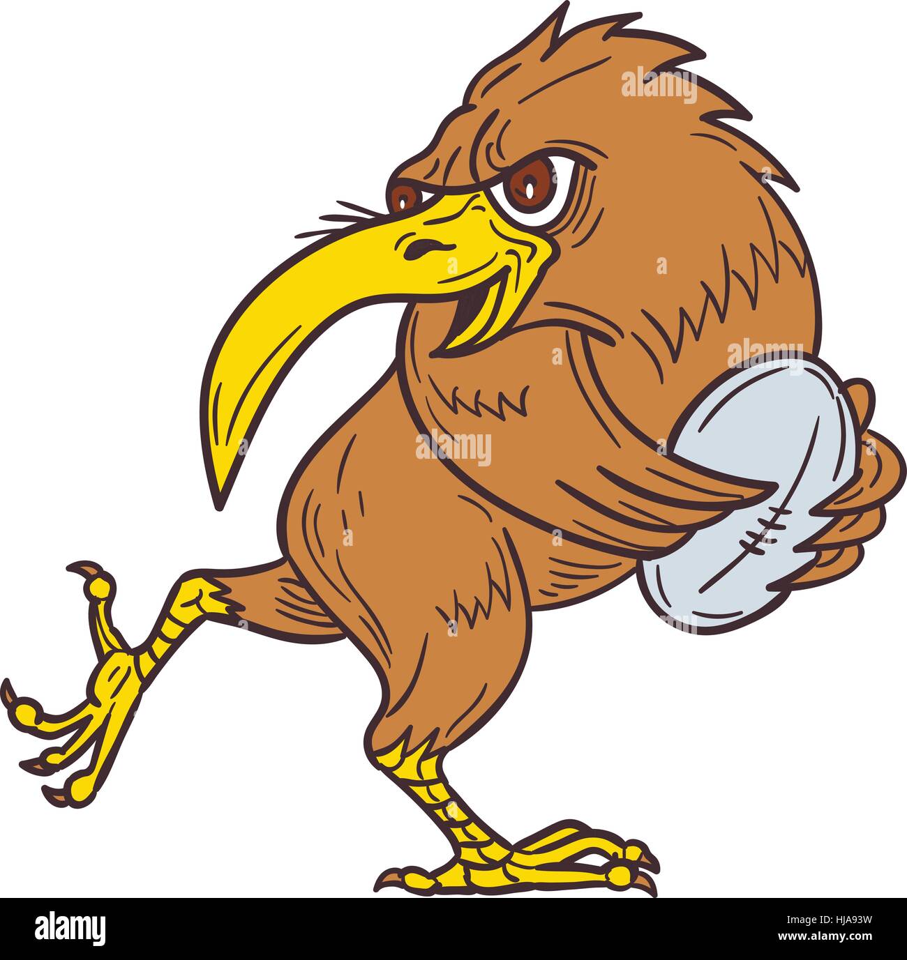 Style croquis dessin illustration d'un oiseau kiwi exécutant avec ballon de rugby depuis le côté isolé sur fond blanc. Illustration de Vecteur