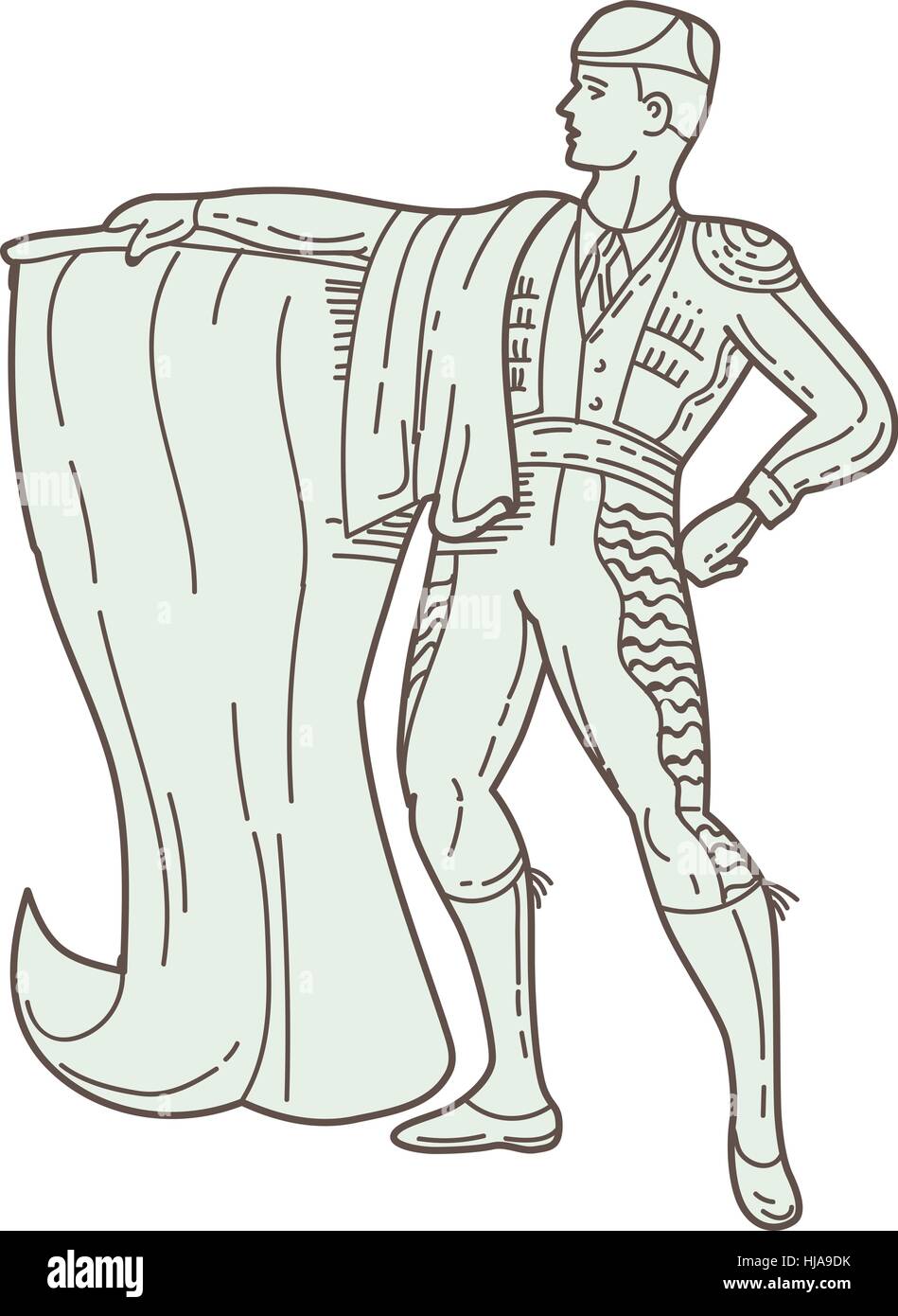 Style ligne mono illustration d'un matador espagnol holding cape à côté de la vue de l'avant ensemble isolées sur fond blanc. Illustration de Vecteur