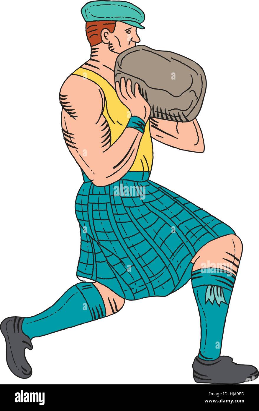 Style croquis dessin illustration d'un événement lourd écossais Highland Games athlète engagé dans deux vues de côté situé sur blanc isolé b Illustration de Vecteur