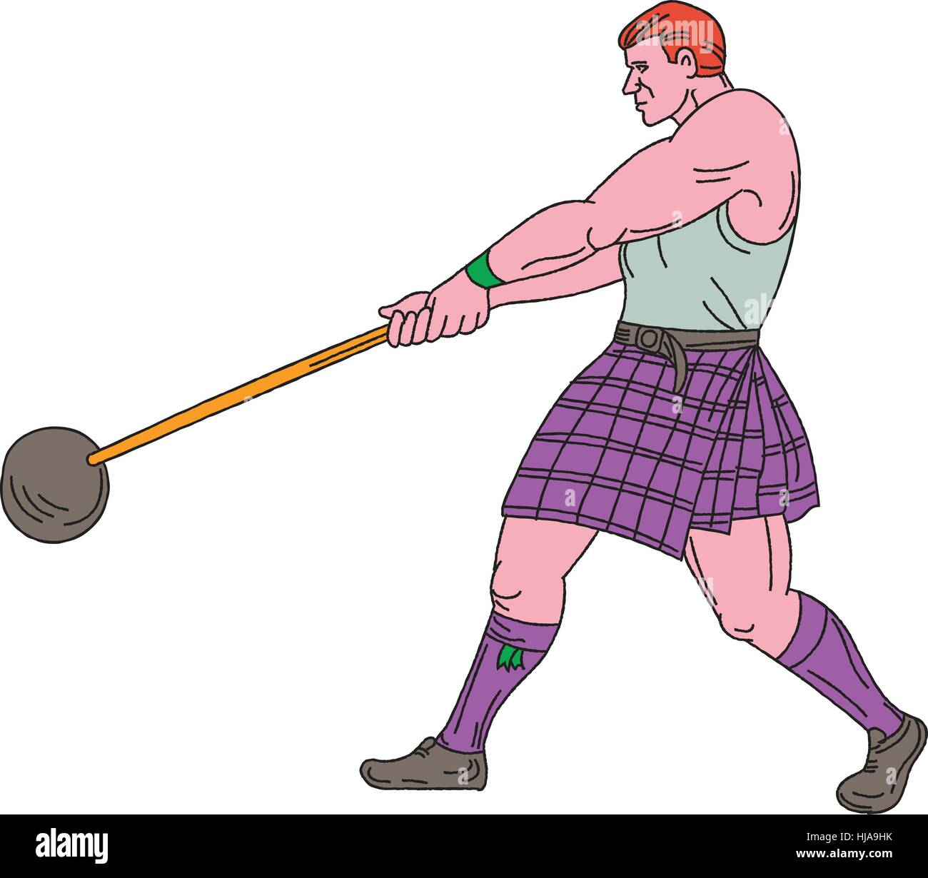 Croquis dessin illustration d'un style heavy écossaise Highland Games événement sportif consiste à lancer du poids depuis le côté isolé sur blanc Illustration de Vecteur