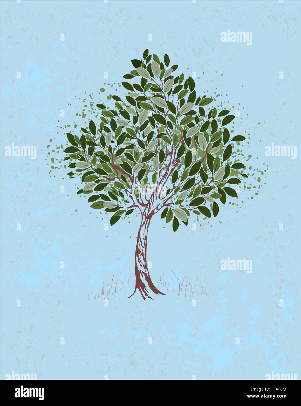 Peint artistiquement jeune arbre avec des feuilles vertes sur un fond de texture bleu. Illustration de Vecteur