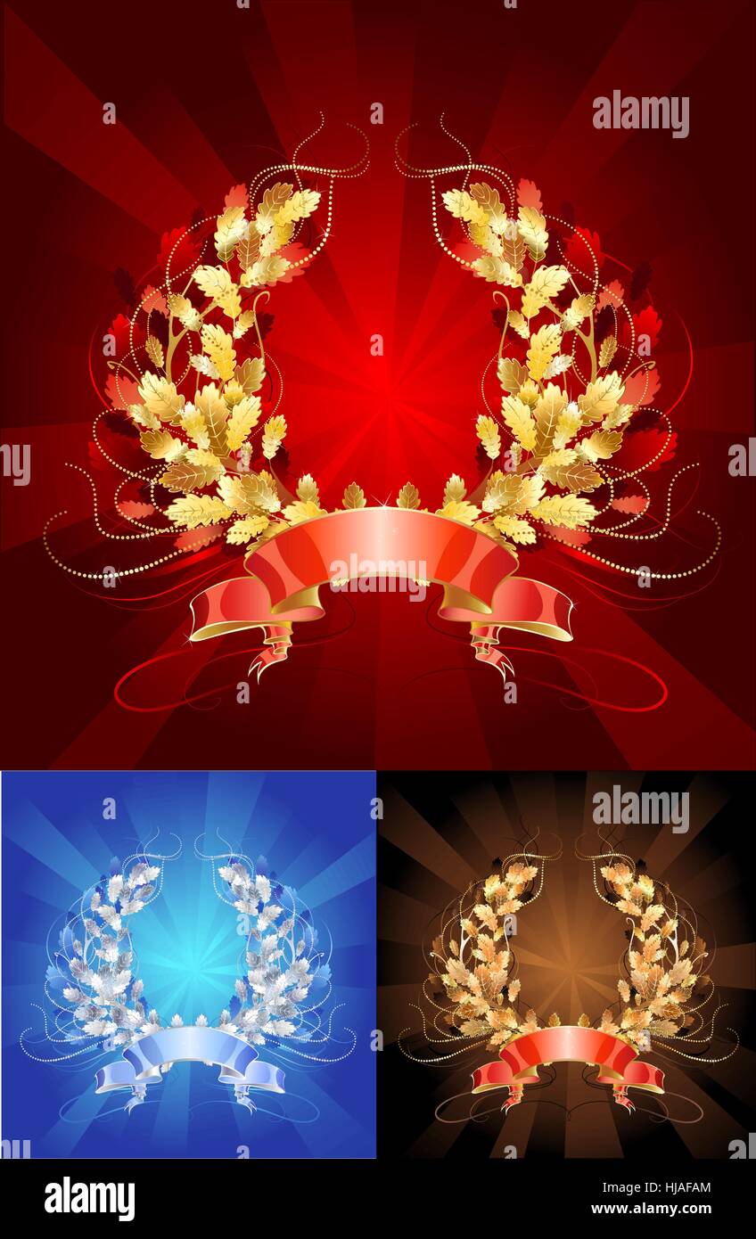 Bijoux mousseux, couronne de chêne, fait en trois versions : or, argent et cuivre. Illustration de Vecteur