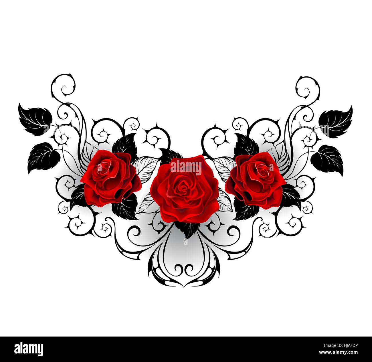 Motif symétrique avec des roses rouges et noires et les tiges épineuses feuilles noires sur fond blanc. Illustration de Vecteur