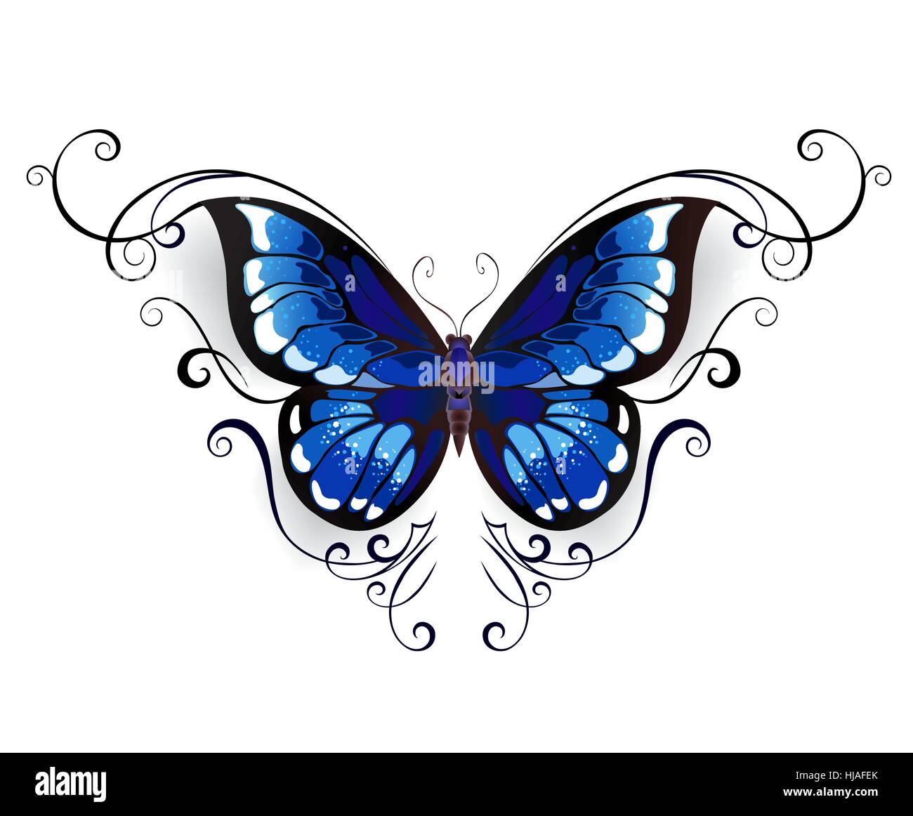 Papillon Bleu tatouage décorées avec un élégant motif sur un fond blanc. Illustration de Vecteur
