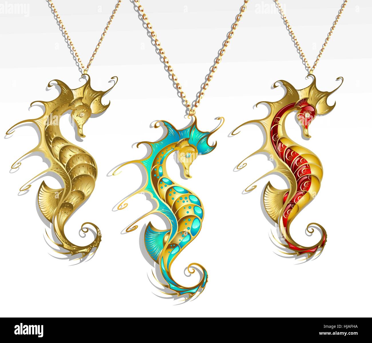 Trois bijoux en or incrusté de turquoise et de l'hippocampe de la peinture  rouge avec une chaîne en or brillant Image Vectorielle Stock - Alamy