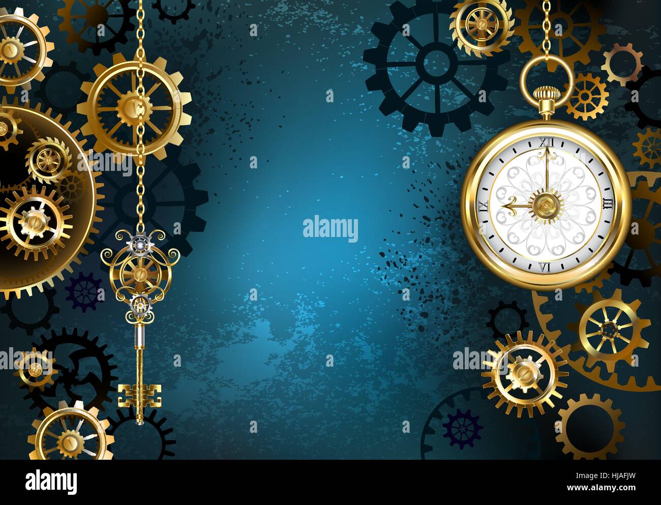 La turquoise, fond texturé, steampunk avec laiton et d'or, une clé d'argent et de l'horloge. Style Steampunk. Illustration de Vecteur