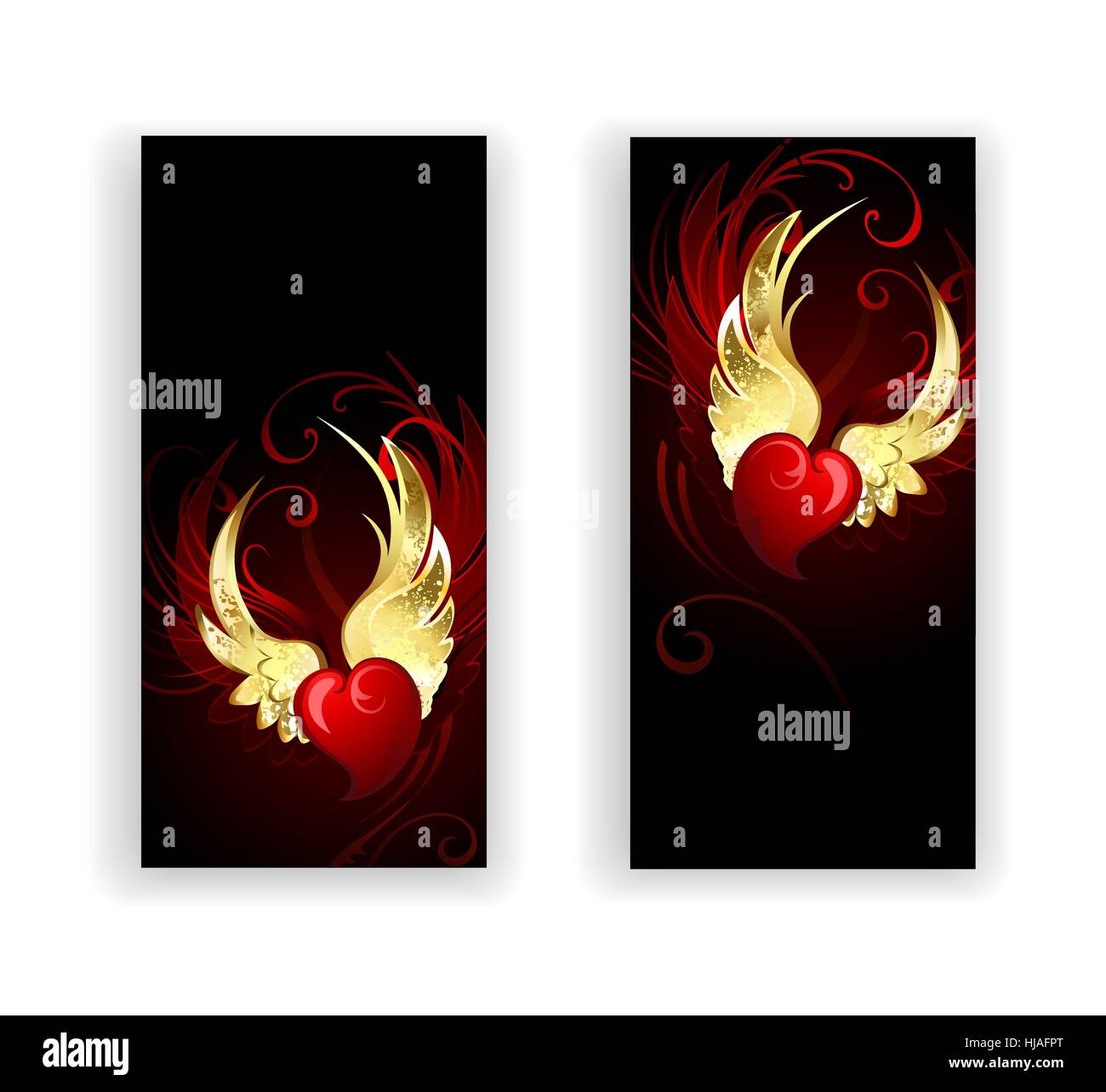 Deux bannières avec coeurs rouges ange avec des ailes d'or sur fond noir. Illustration de Vecteur