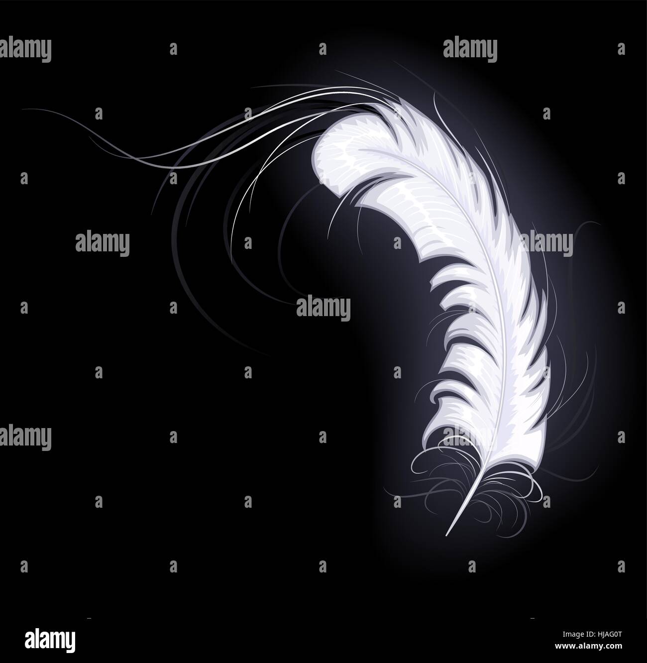 Plume blanche d'ange avec de longues facile les spiraux brille sur un fond sombre Illustration de Vecteur