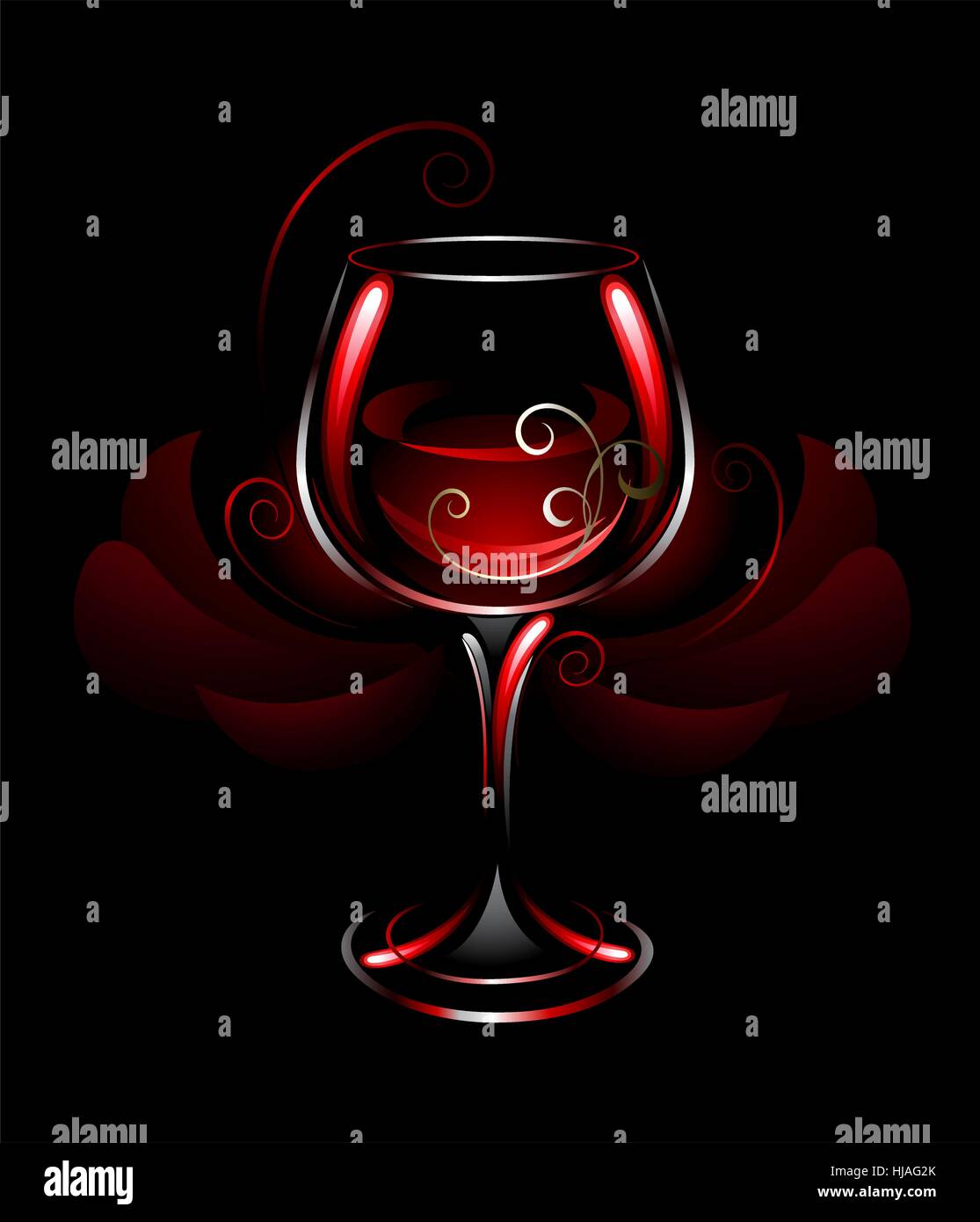 Artistiquement peint, verre lumineux avec du vin rouge sur fond noir, décoré avec des fleurs rouge abstrait Illustration de Vecteur