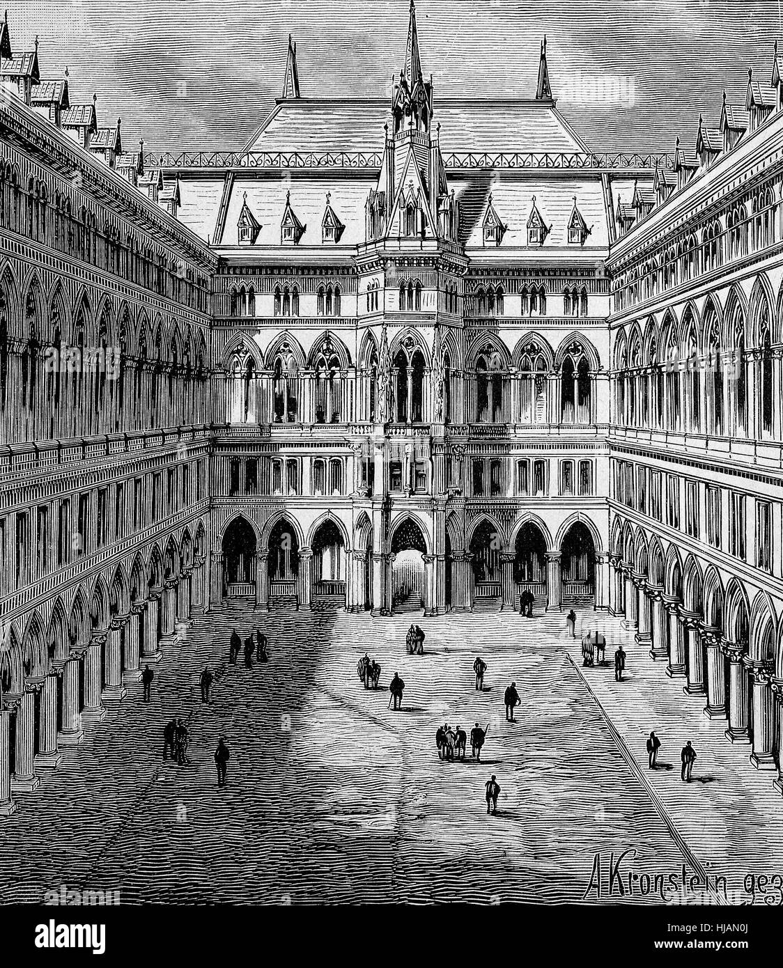 La vieille ville de Vienne, Autriche, la cour intérieure avec des arcades, image historique ou de l'illustration à partir de l'année 1894, l'amélioration numérique Banque D'Images