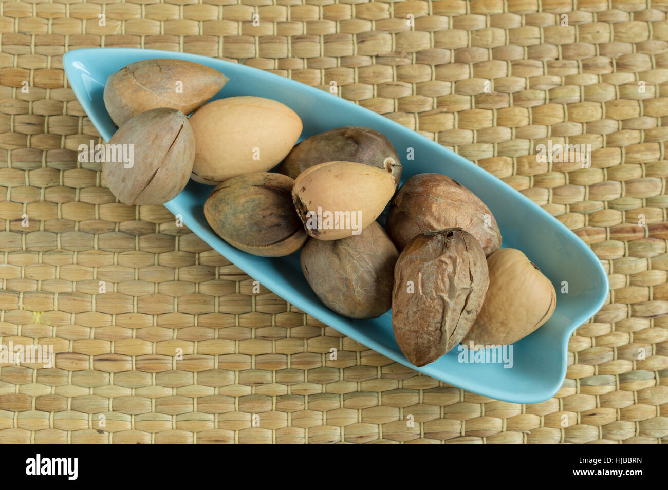 Groupe des graines d'avocat servi dans une assiette bleue Banque D'Images