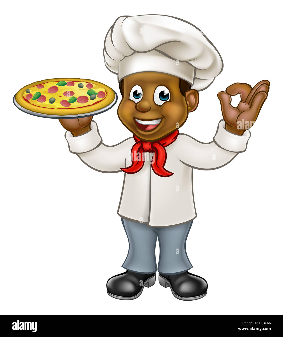 Noir Dessin animé caractère chef holding a pizza et donnant un bon geste cook delicious parfait Banque D'Images