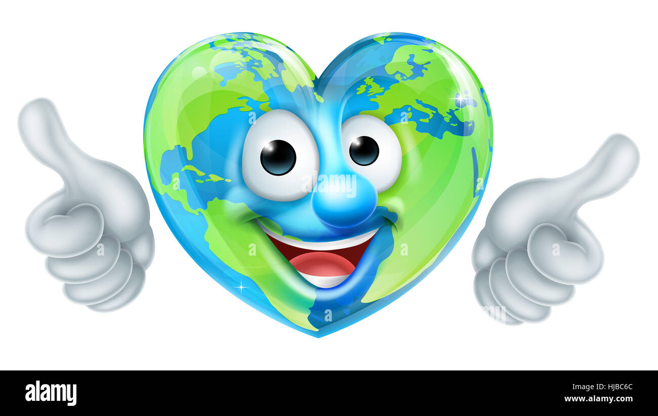 Une terre en forme de coeur Thumbs up mascot globe personnage donnant un double Thumbs up Banque D'Images