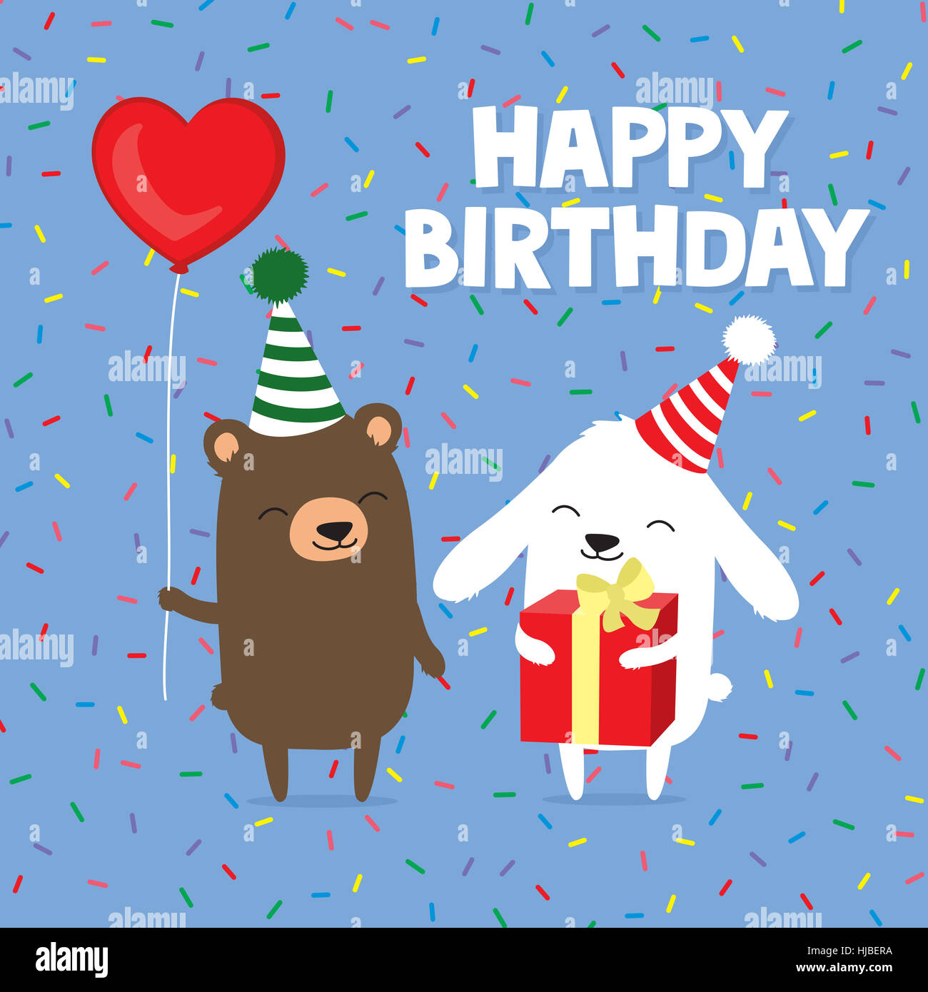 Carte de souhaits d'anniversaire avec cute cartoon l'ours et le lapin holding balloon et don Banque D'Images