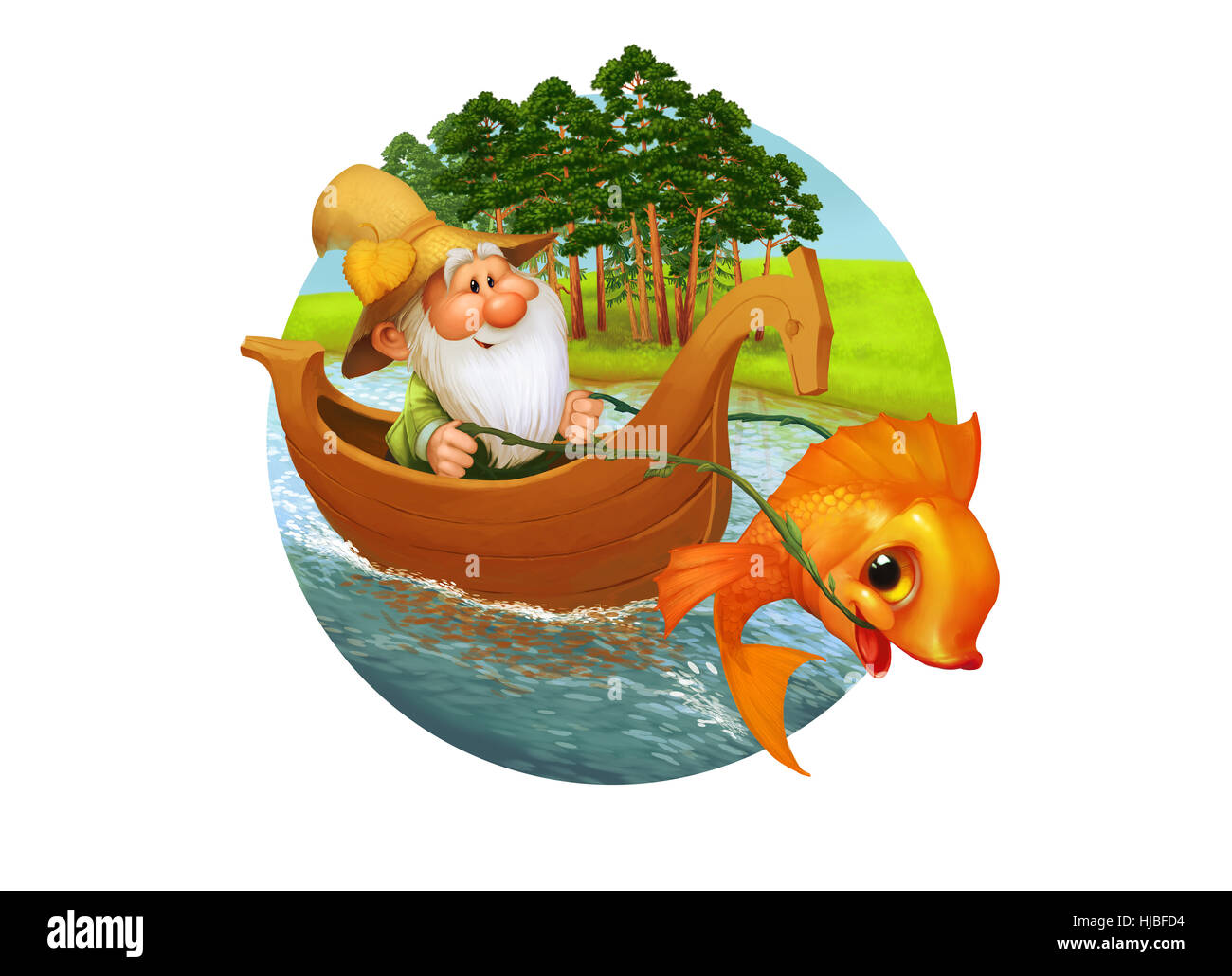 Le caractère de l'ancien pêcheur nage sur le bateau en bois avec drôle poisson rouge, bande dessinée de vulgarisation. Banque D'Images