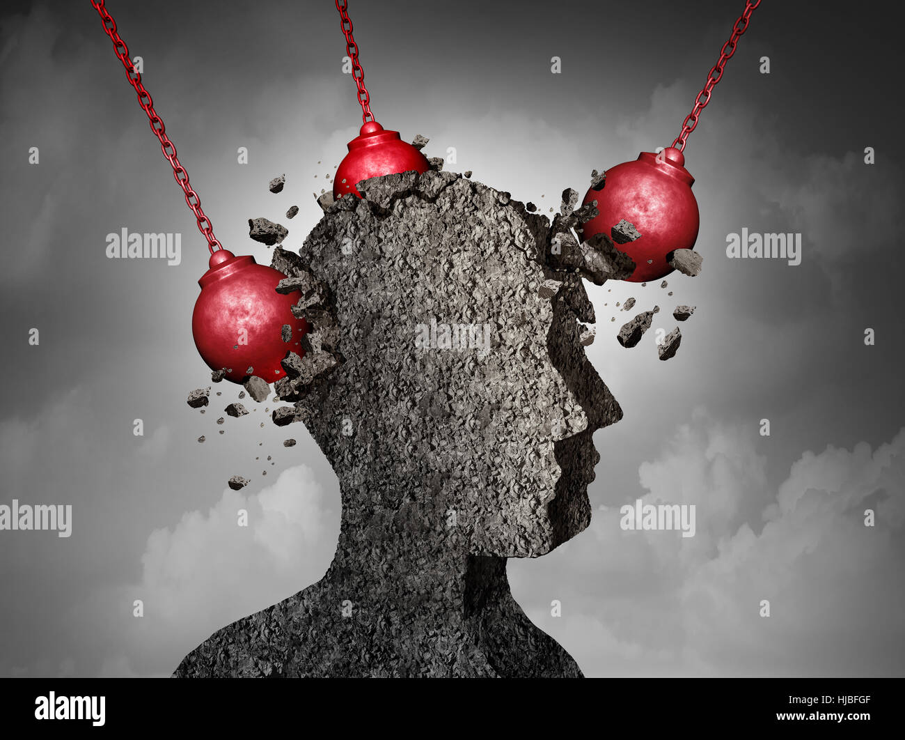Maux de tête douloureux et battre la migraine concept comme une tête humaine faite de ciment d'être détruits ou rénovés par un groupe d'objets comme Wrecking Ball Banque D'Images