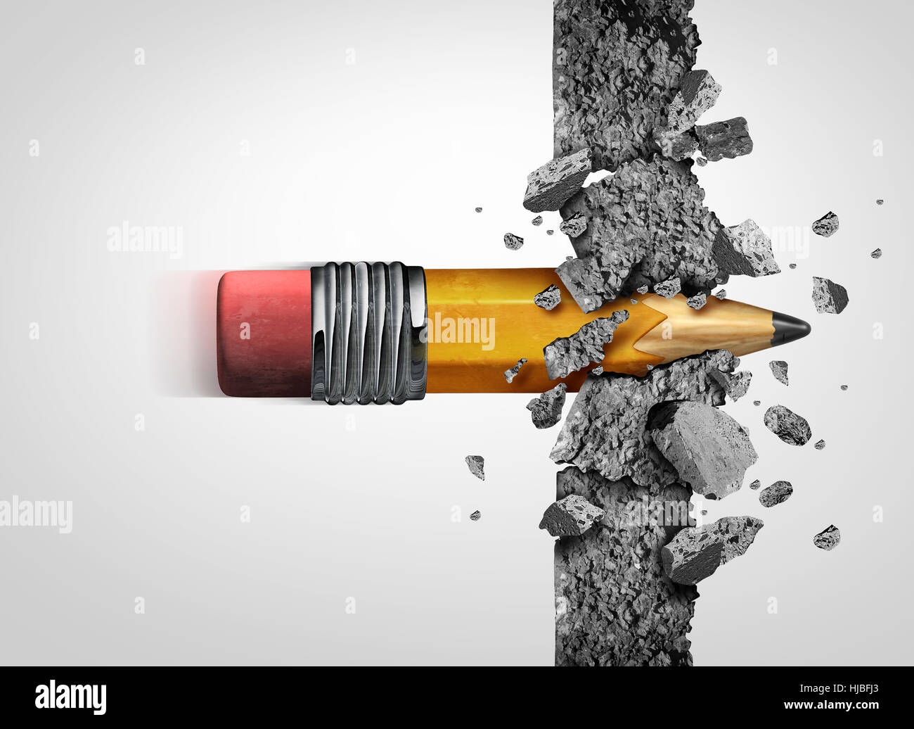 Concept d'accès à l'enseignement et l'apprentissage à l'école, succès qu'un crayon représentant formation et franchir un mur de ciment surmonter academic Banque D'Images