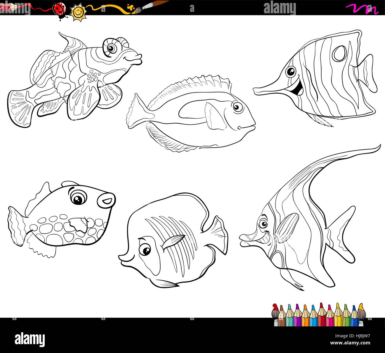 Cartoon noir et blanc Illustration de poisson tropical Sea Life Page à colorier Jeu de caractères Animaux Illustration de Vecteur