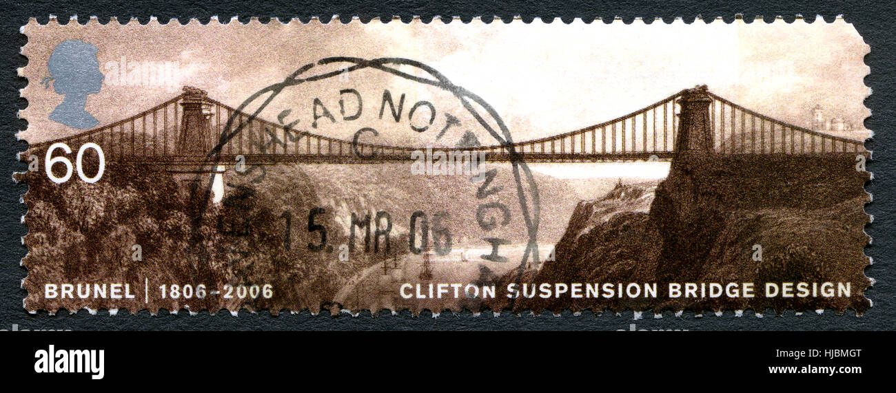 Grande-bretagne - circa 2006 : un timbre-poste utilisé depuis le Royaume-Uni, représentant une image de Clifton Suspension Bridge avait conçu par Isambard Kingdom B Banque D'Images