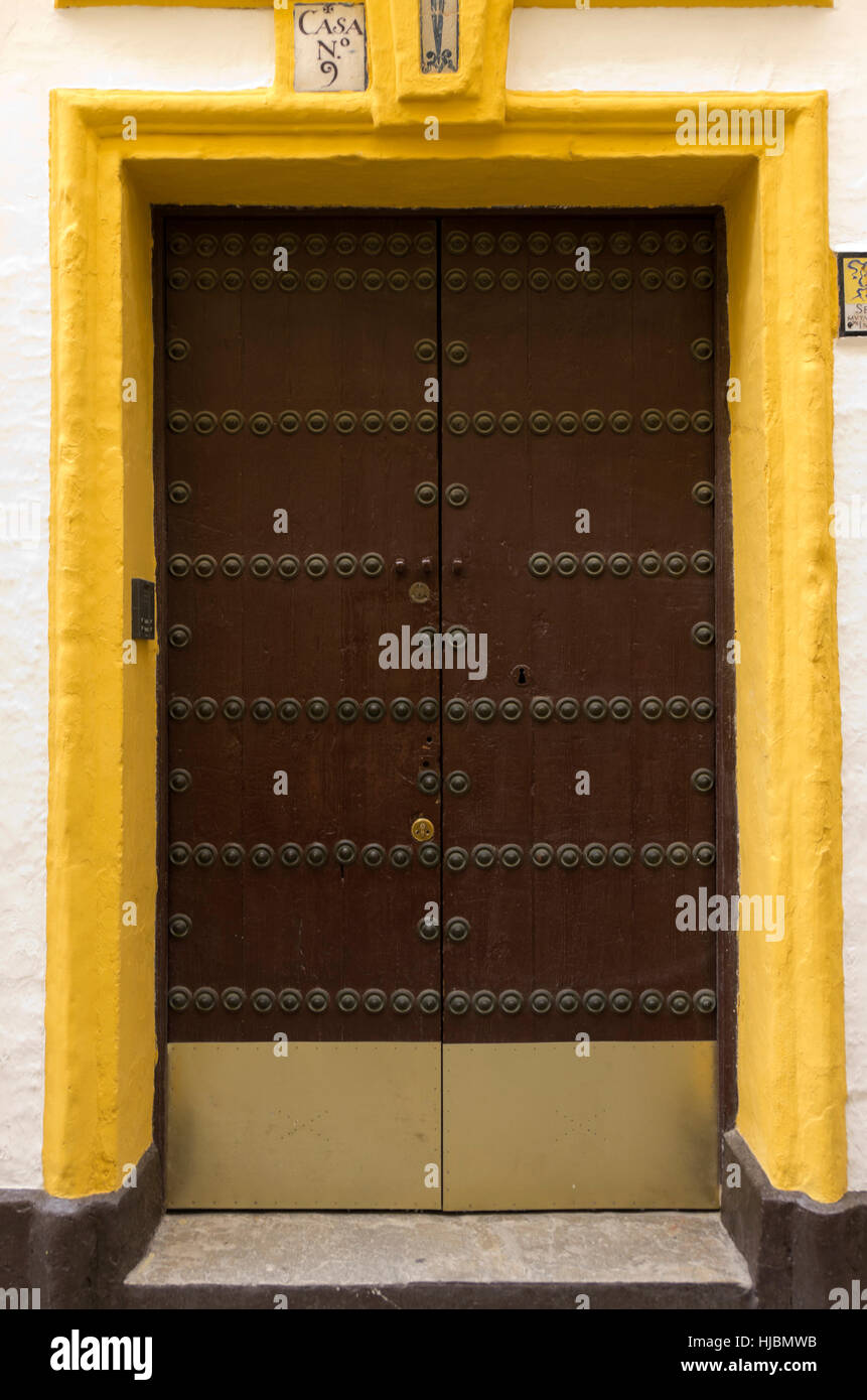 Porte faite de planches de bois, tenu par de grandes vis laiton décoratif. Banque D'Images