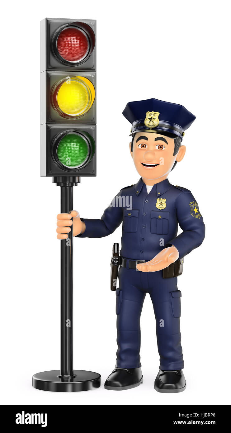 Les forces de sécurité 3d illustration de personnes. la police avec un feu de circulation dans l'ambre. isolé sur fond blanc. Banque D'Images