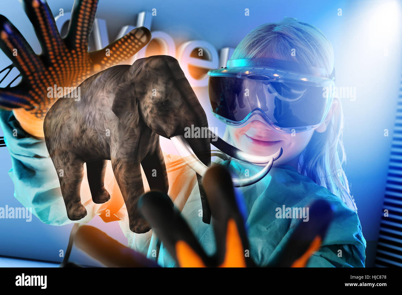 Fille de casque de réalité virtuelle en interaction avec l'éléphant flottant numérique Banque D'Images