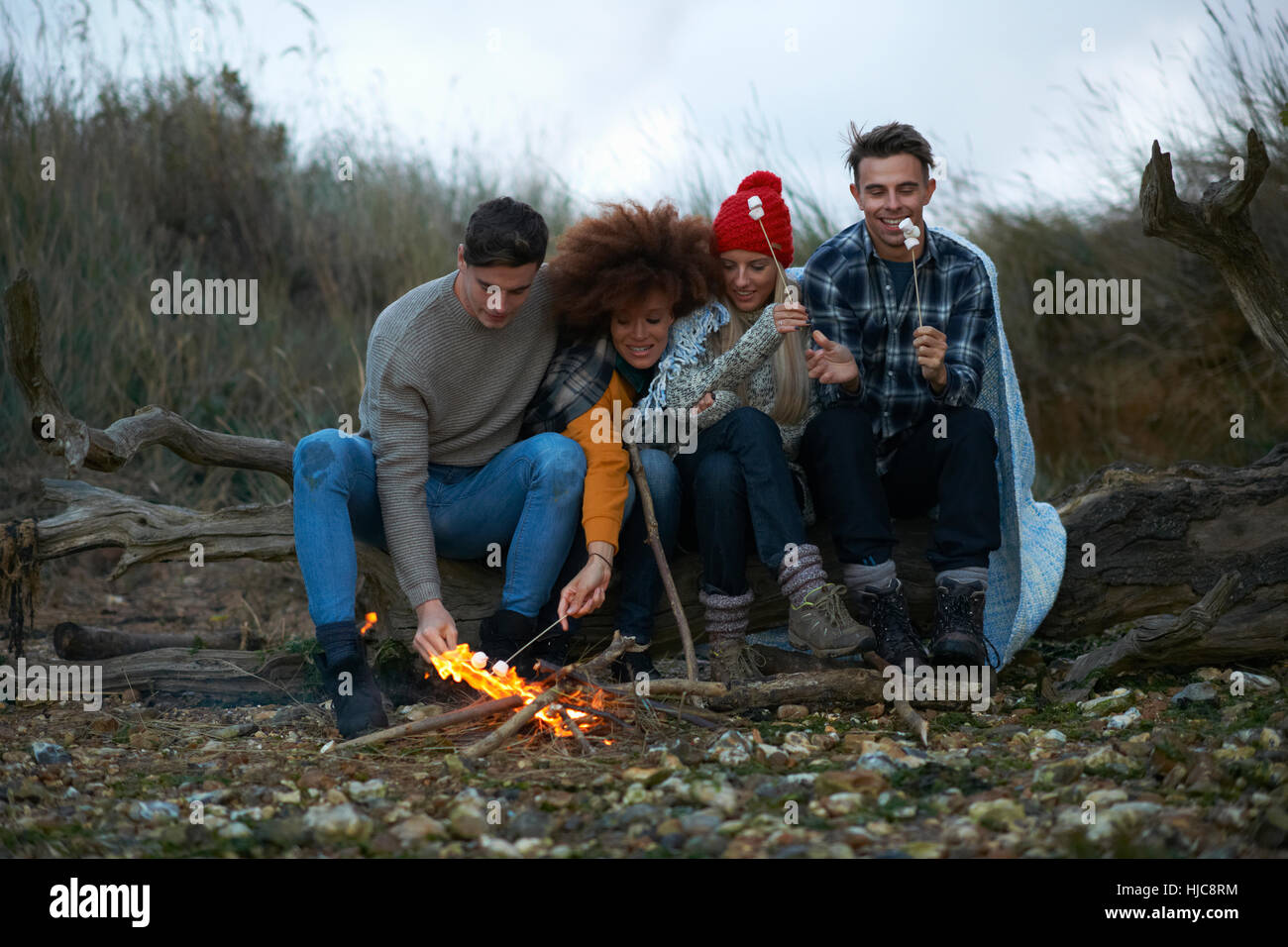 Quatre amis adultes entassés toasting marshmallows on beach at Dusk Banque D'Images