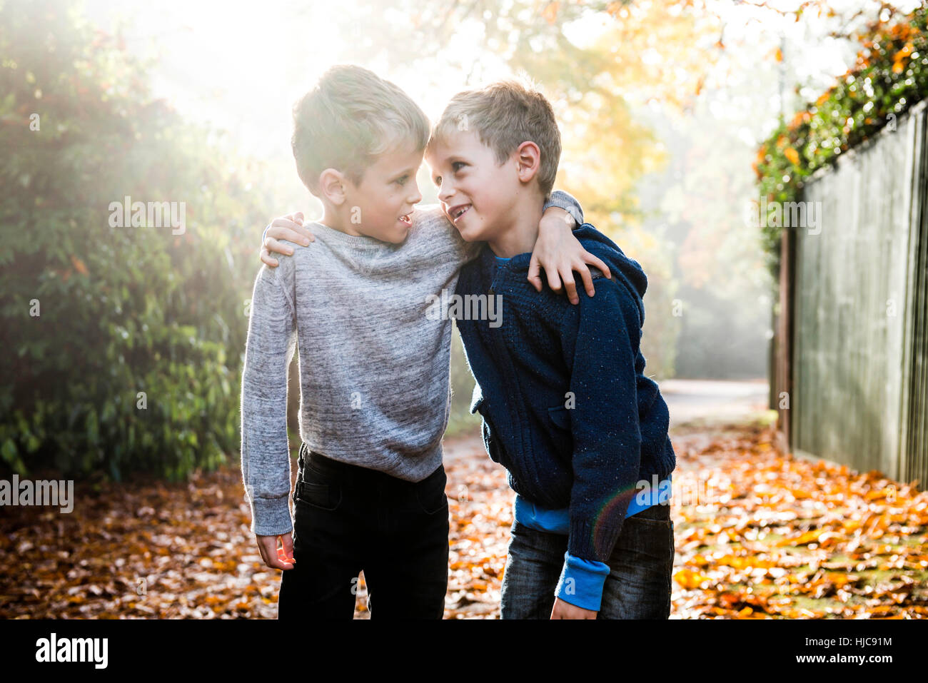 Portrait des jumeaux, à l'extérieur, face à face, entouré de feuilles d'automne Banque D'Images