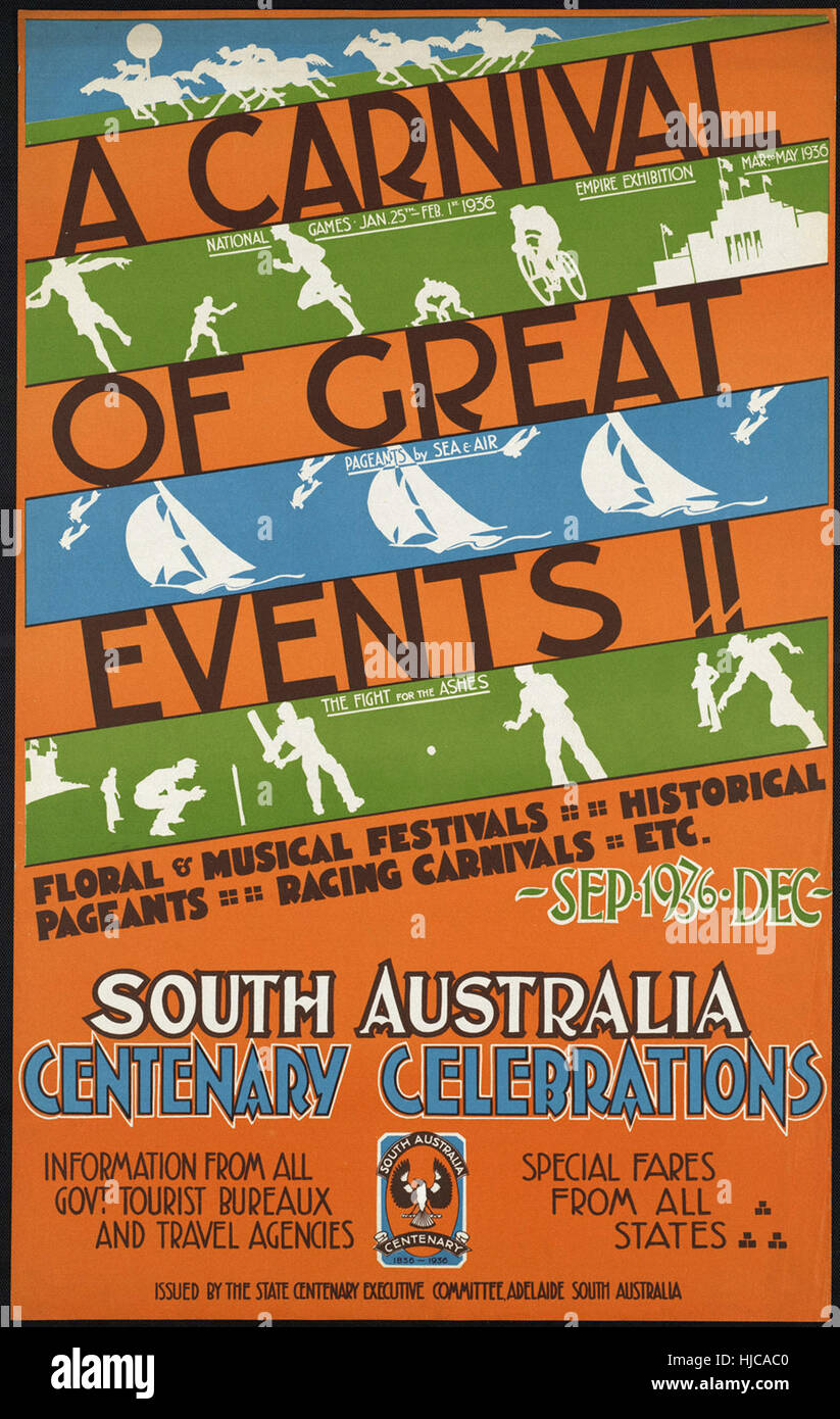 Un carnaval de grands événements ! ! Les célébrations du centenaire de l'Australie du Sud - Vintage travel poster 1920 1940 Banque D'Images