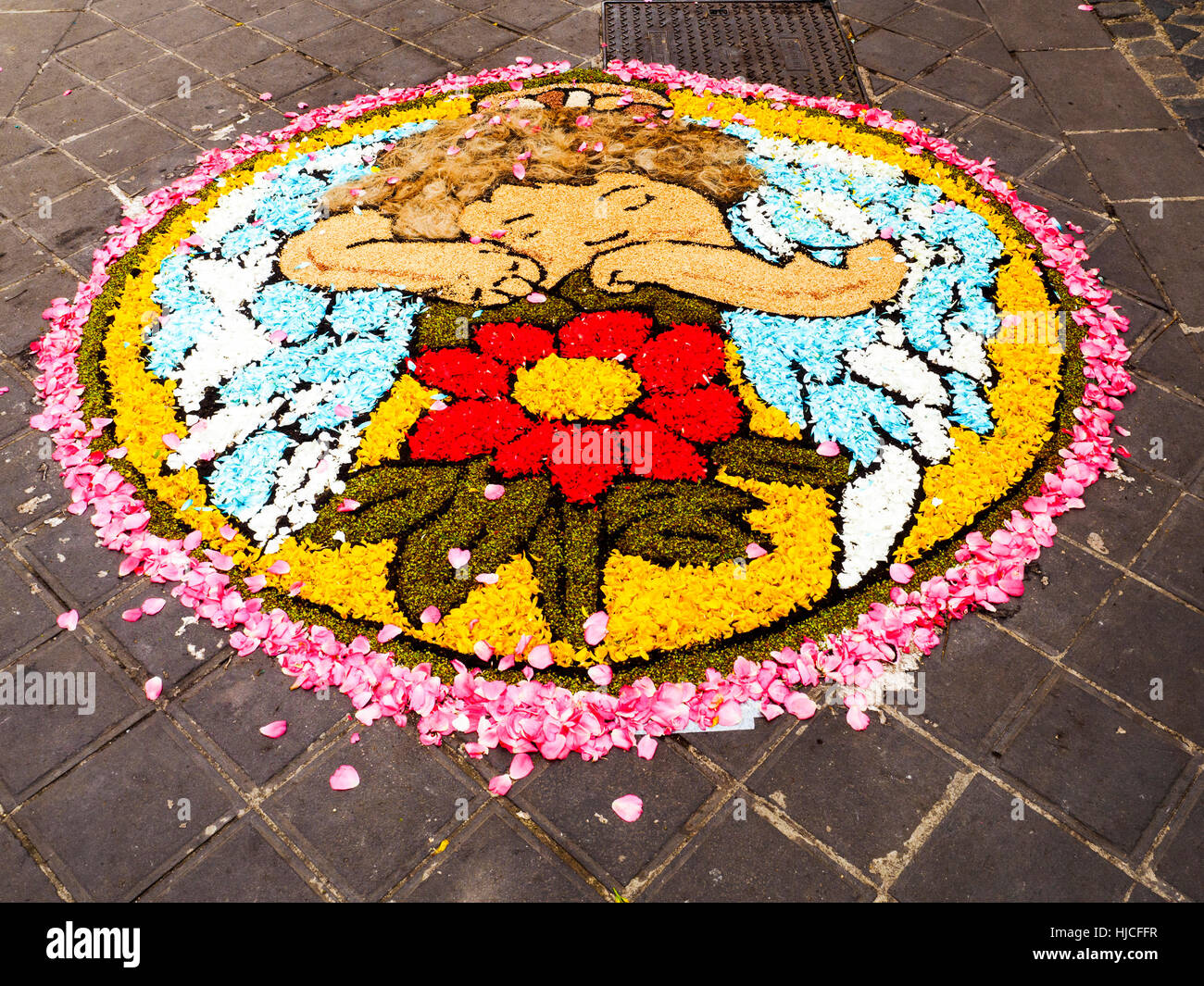 Une rue de la vieille ville de Bolsena lors du traditionnel tapis floral qui est fait chaque année pour le Corpus Christi - Bolsena, Italie Banque D'Images