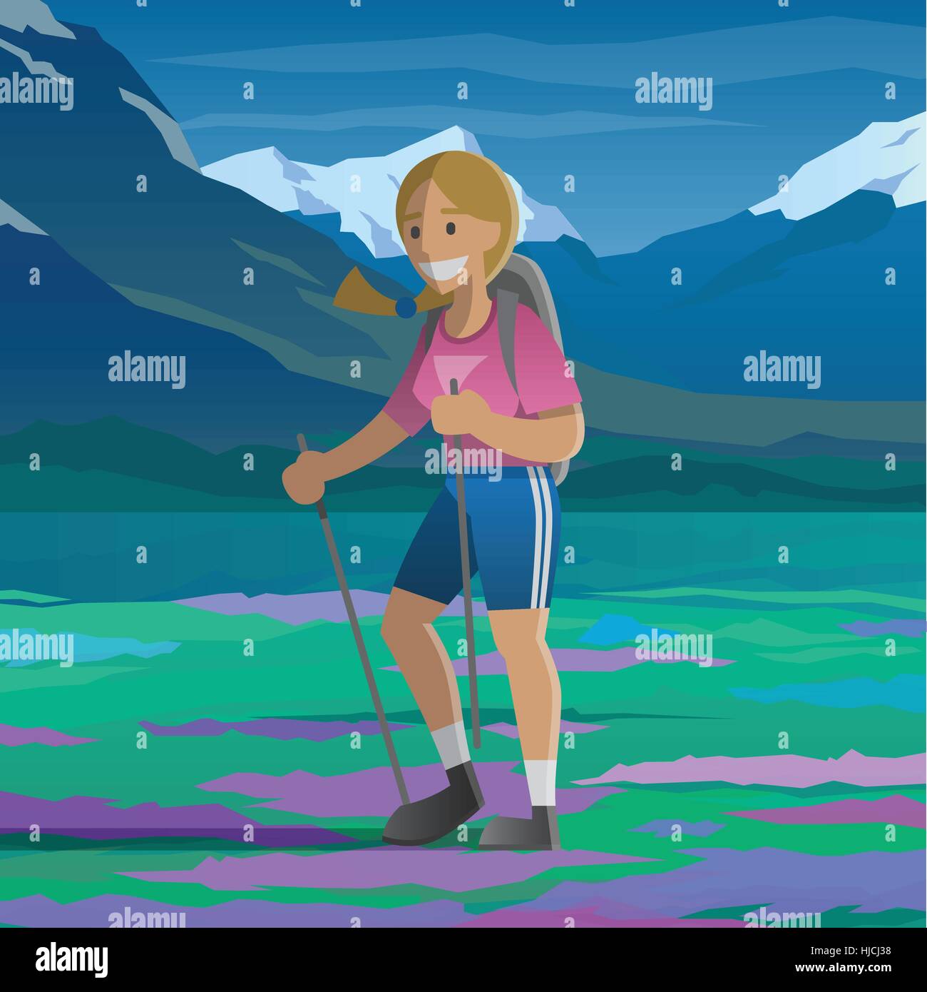 Smiling girl on marche sur le terrain. Illustration de Vecteur