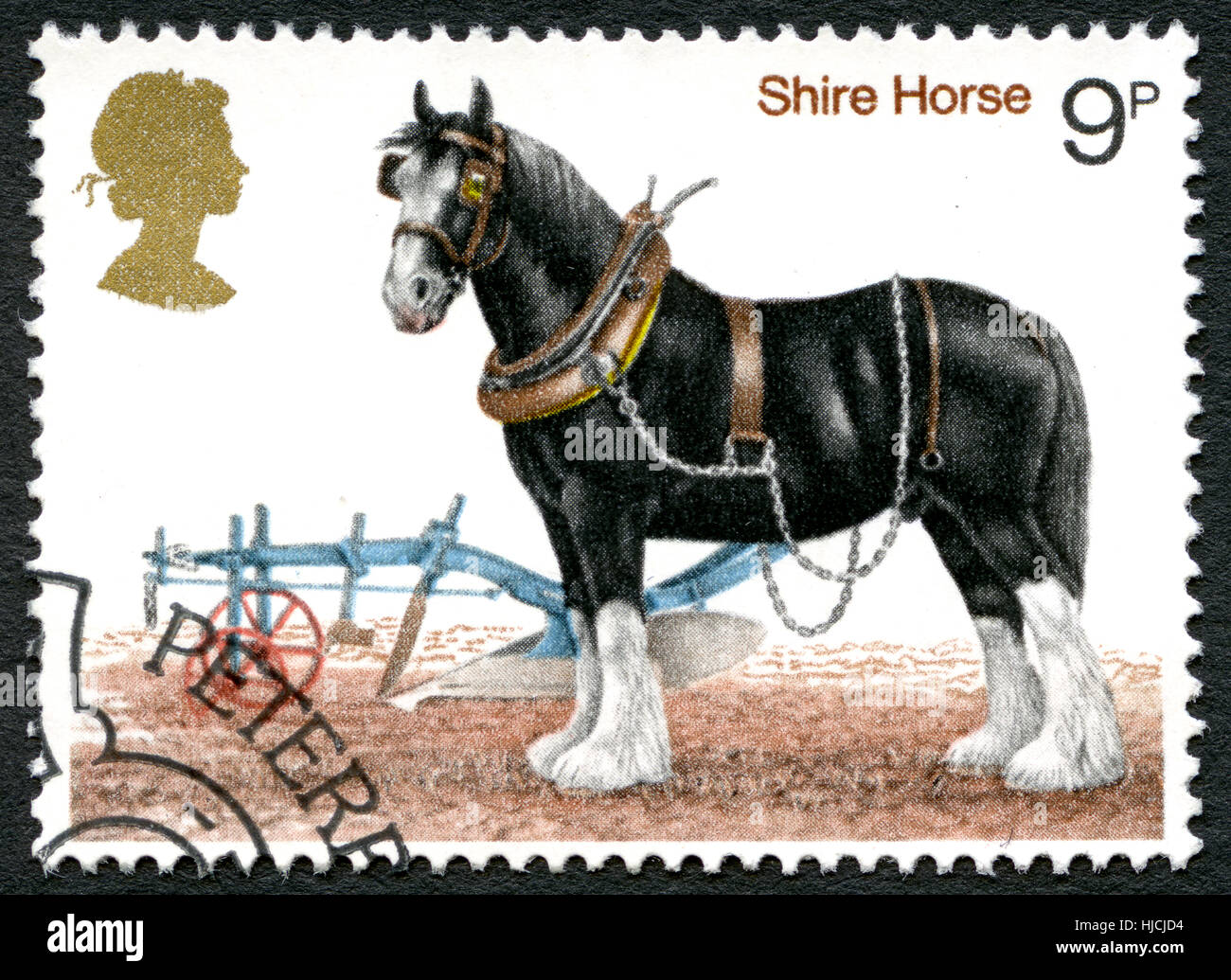 Grande-bretagne - circa 1978 : un timbre-poste utilisé depuis le Royaume-Uni, représentant une illustration d'un Shire Horse, vers 1978. Banque D'Images