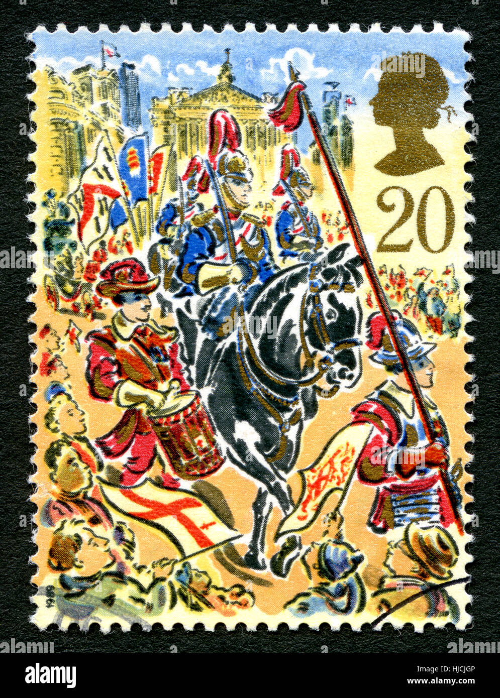 Grande-bretagne - circa 1989 : un timbre-poste utilisé depuis le Royaume-Uni, représentant une illustration célébrant le 800e anniversaire du Salon de l'Éternel Mayo Banque D'Images