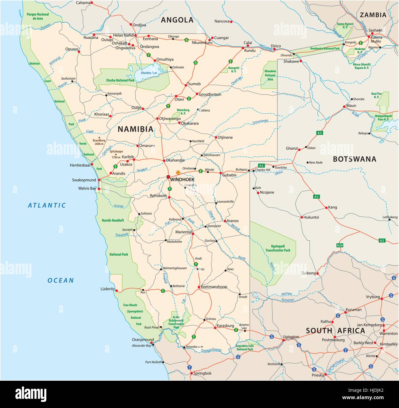 Route de vecteur et la carte du parc national du sud-ouest de l'Afrique Illustration de Vecteur