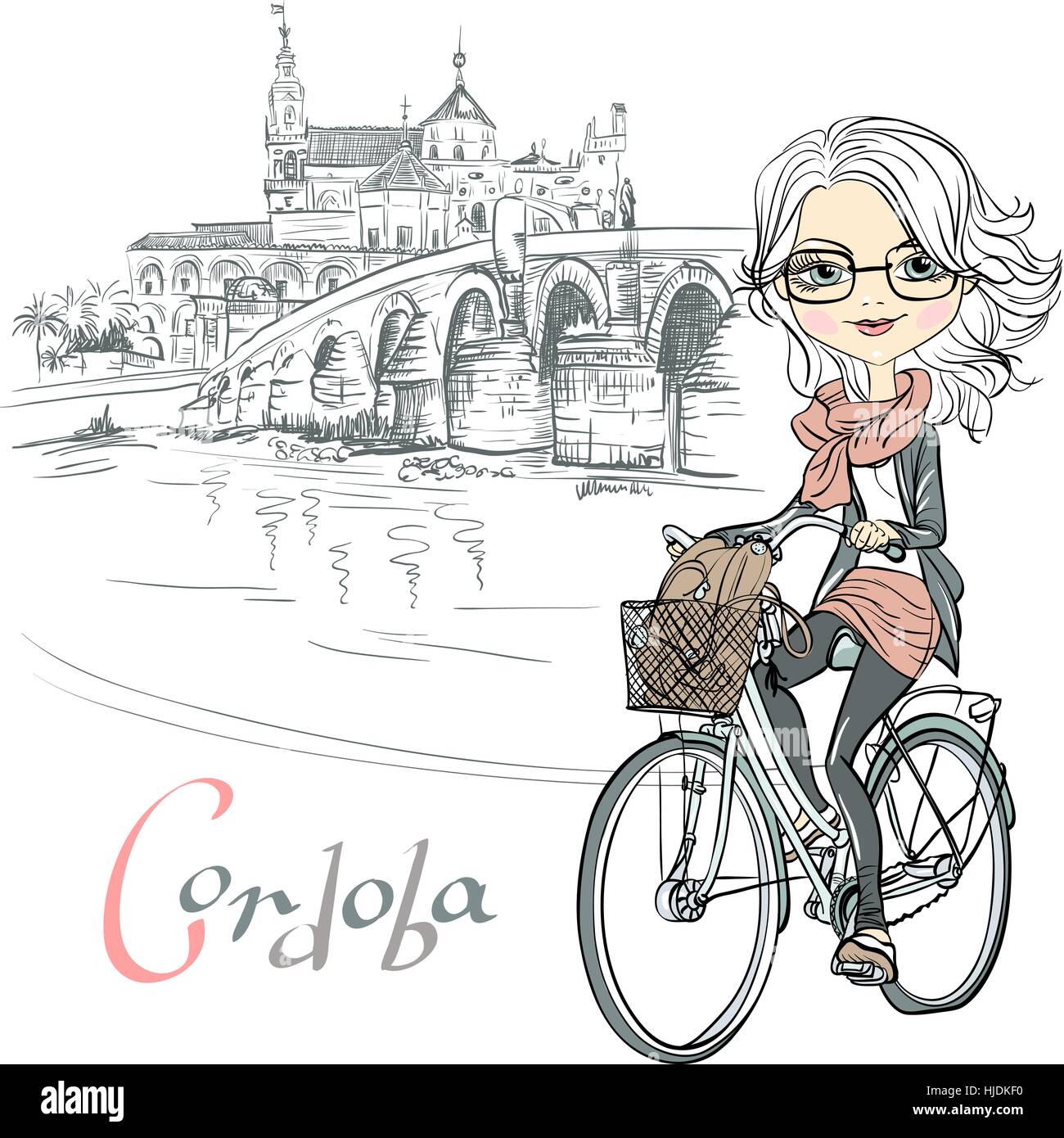 Vector cute girl rides un vélo à Cordoba Illustration de Vecteur