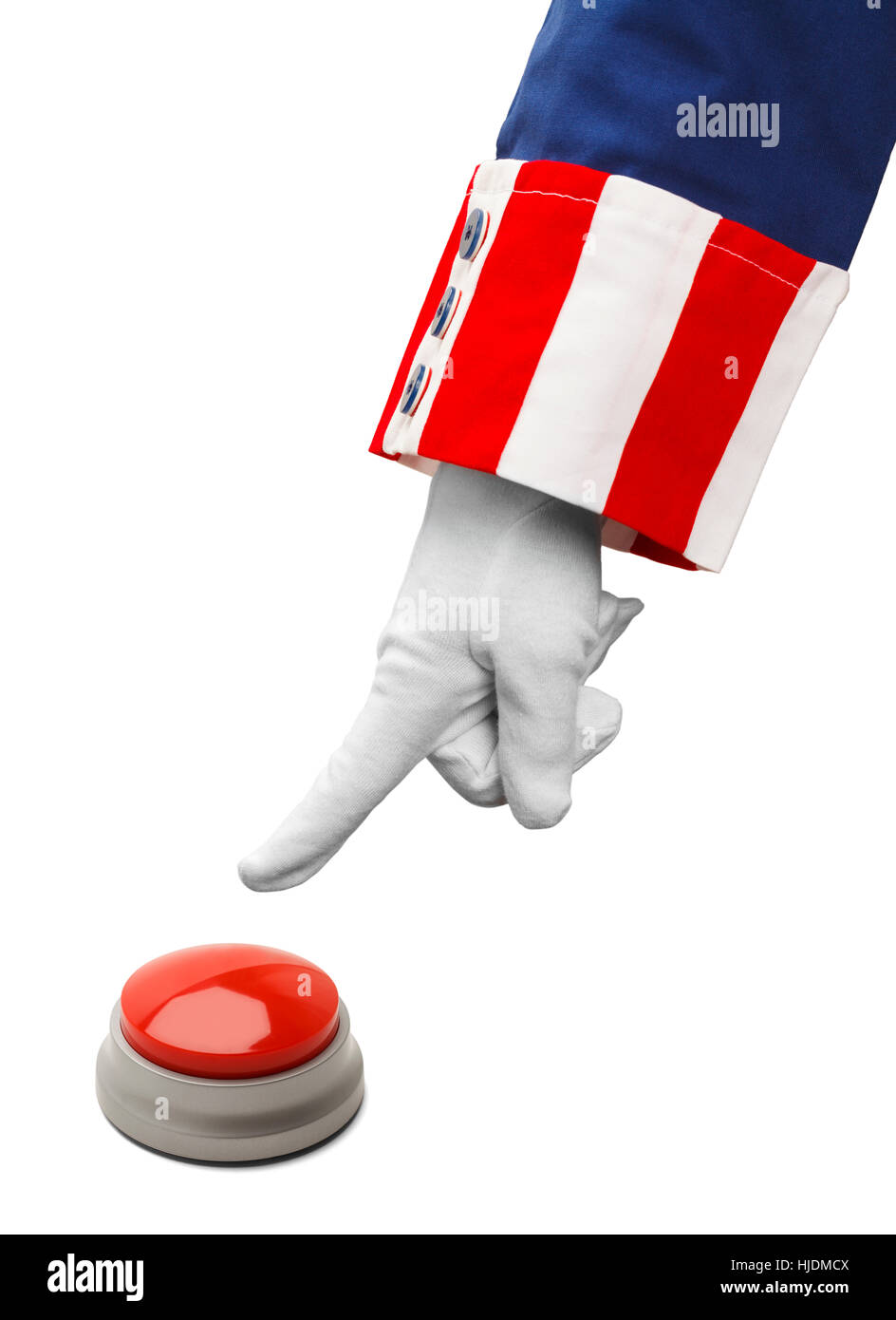 Le président sur le point de pousser le bouton rouge isolé sur blanc. Banque D'Images