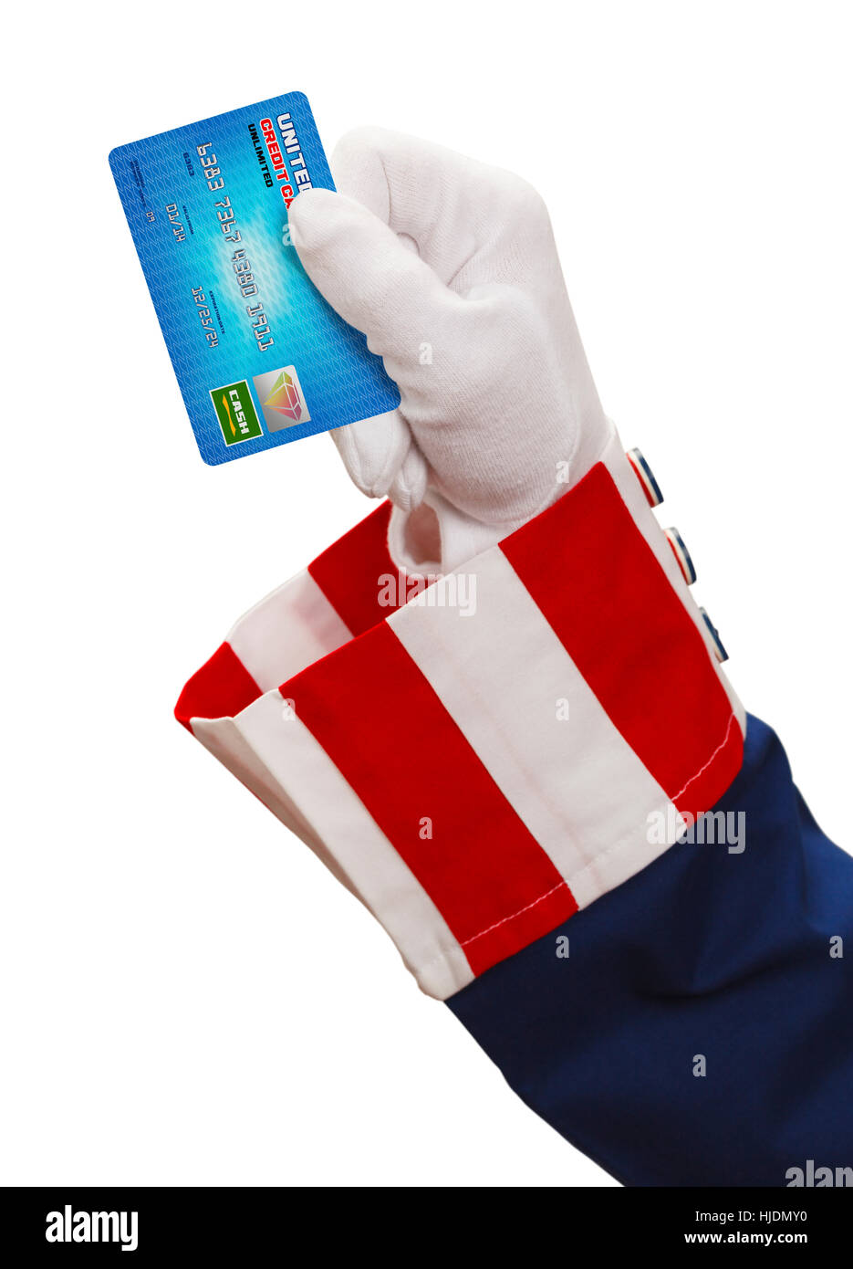 Le président tenant une carte de crédit isolé sur fond blanc. Banque D'Images