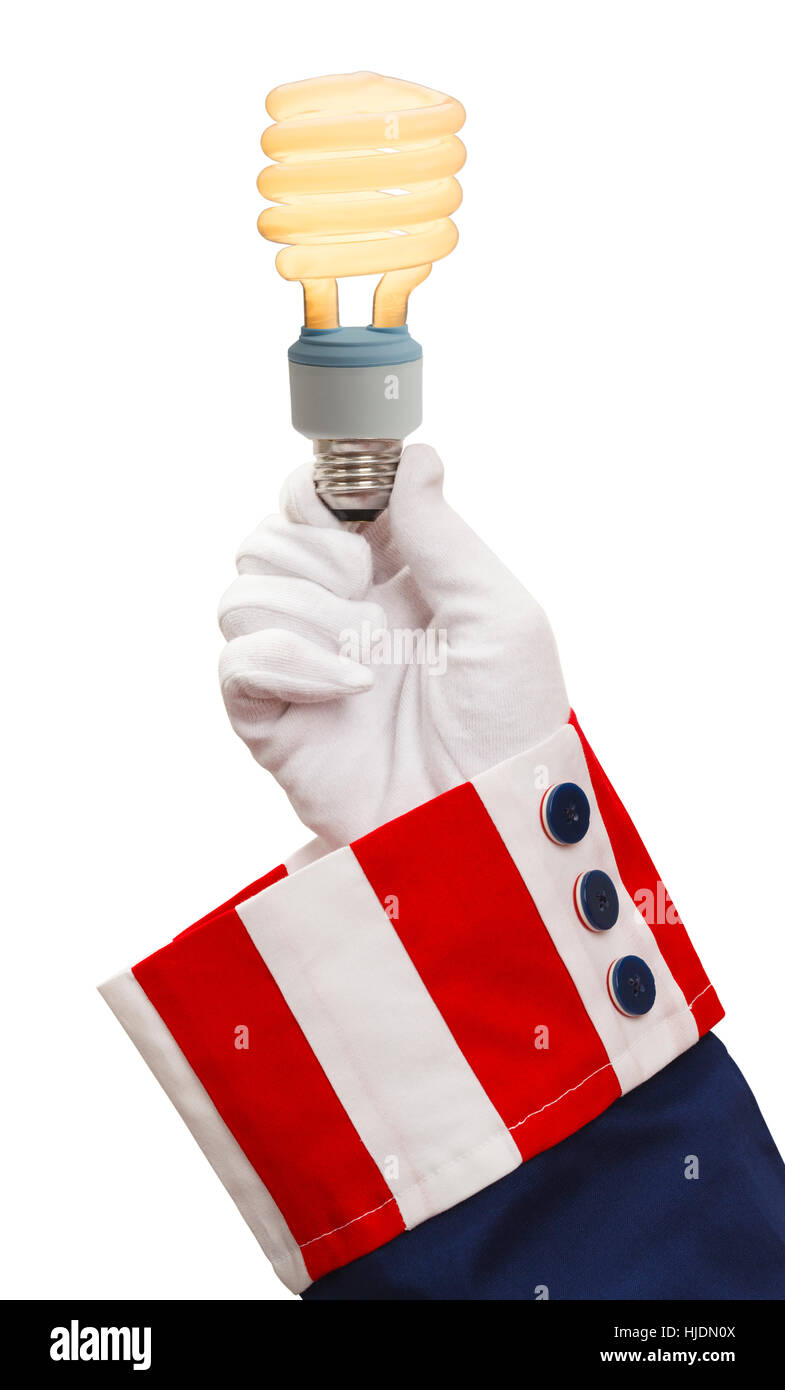 Le président Holding Energy Saver Light Bulb isolé sur fond blanc. Banque D'Images