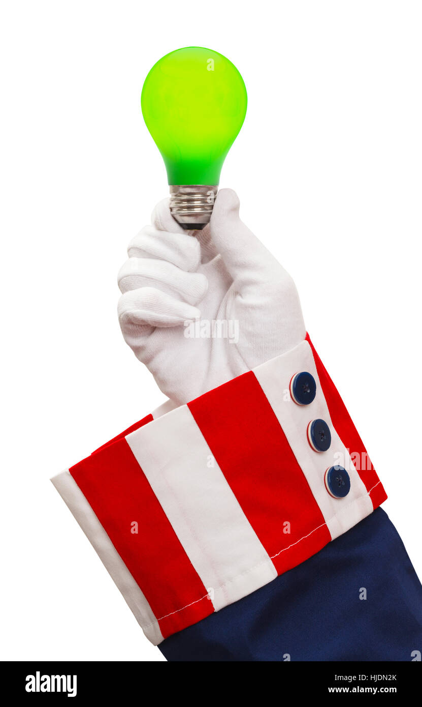 Le président Holding Green Light Bulb isolé sur blanc. Banque D'Images