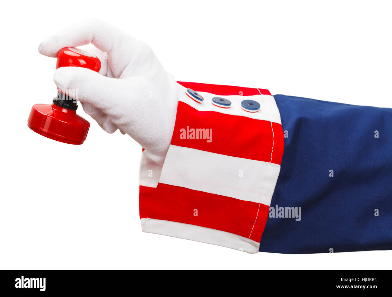 Le président Holding Red Rubber Stamper isolé sur blanc. Banque D'Images