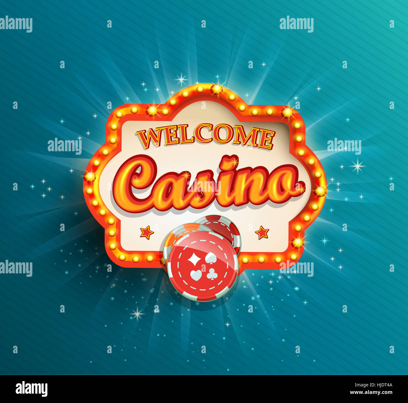 Shining Light Frame retro , vector illustration sur un thème de casino avec l'éclairage et d'affichage du texte de bienvenue sur fond bleu. Banque D'Images