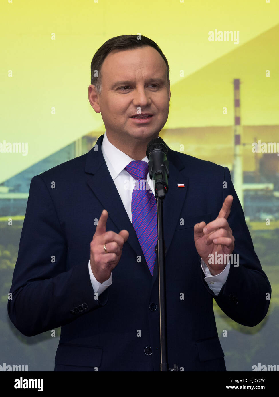 GLOGOW, POLOGNE - Le 20 janvier 2017 : le président polonais Andrzej Duda lors de l'ouverture officielle de la nouvelle ligne de production en fonderie de cuivre à Glogow Banque D'Images